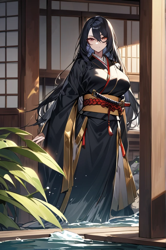 Raven woman, tall, long black hair with white tips, large breasts, defined, wearing a black kimono with gold ornaments, in front of a table with a stand like a samurai katana,Old Japanese house porch background with small river with karpas swimming 