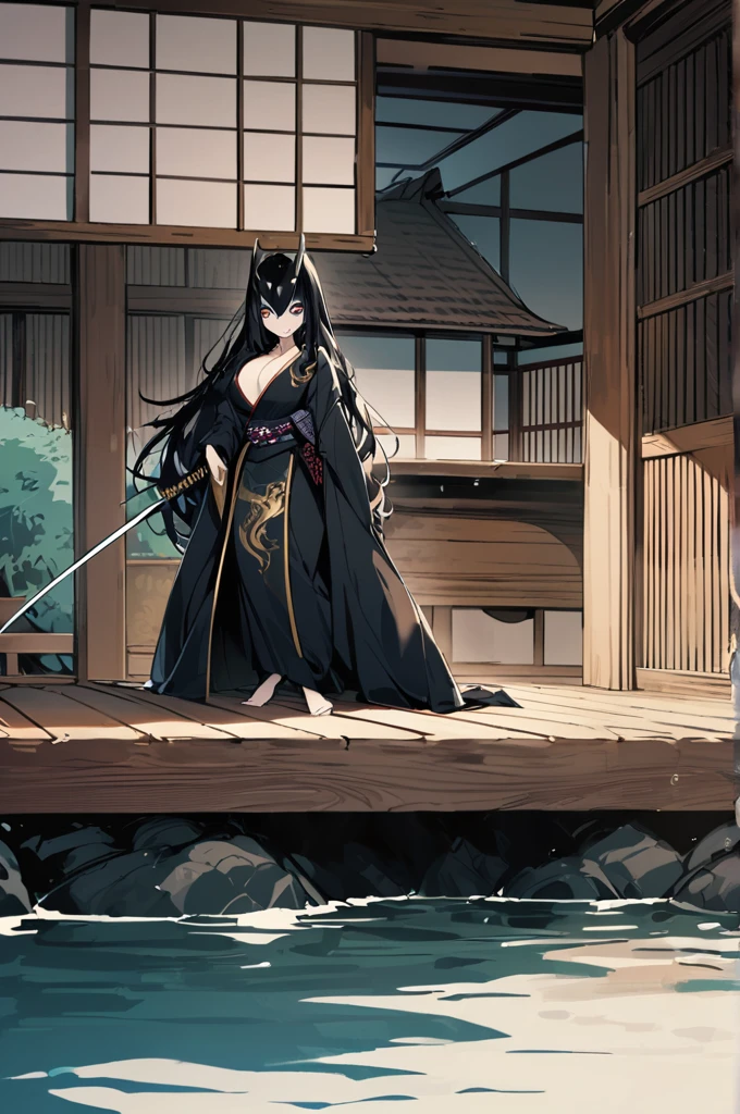 Raven woman, tall, long black hair with white tips, large breasts, defined, wearing a black kimono with gold ornaments, in front of a table with a stand like a samurai katana,Old Japanese house porch background with small river with karpas swimming