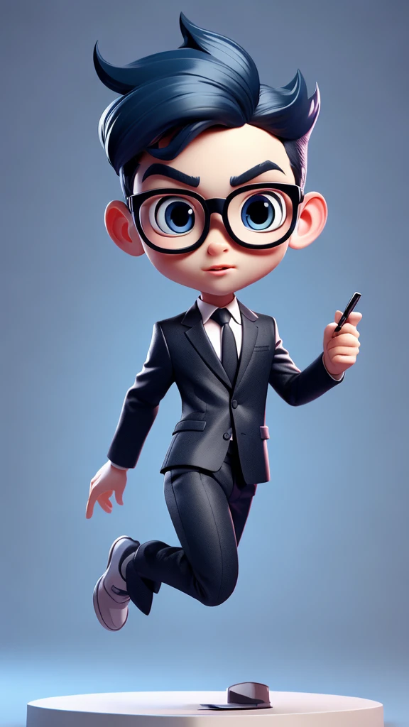 masterpiece, A cute boy running, Glasses, Black suit, Blue Hair, Chibi style, Perfect 3D Animation , Perfect lips and easy