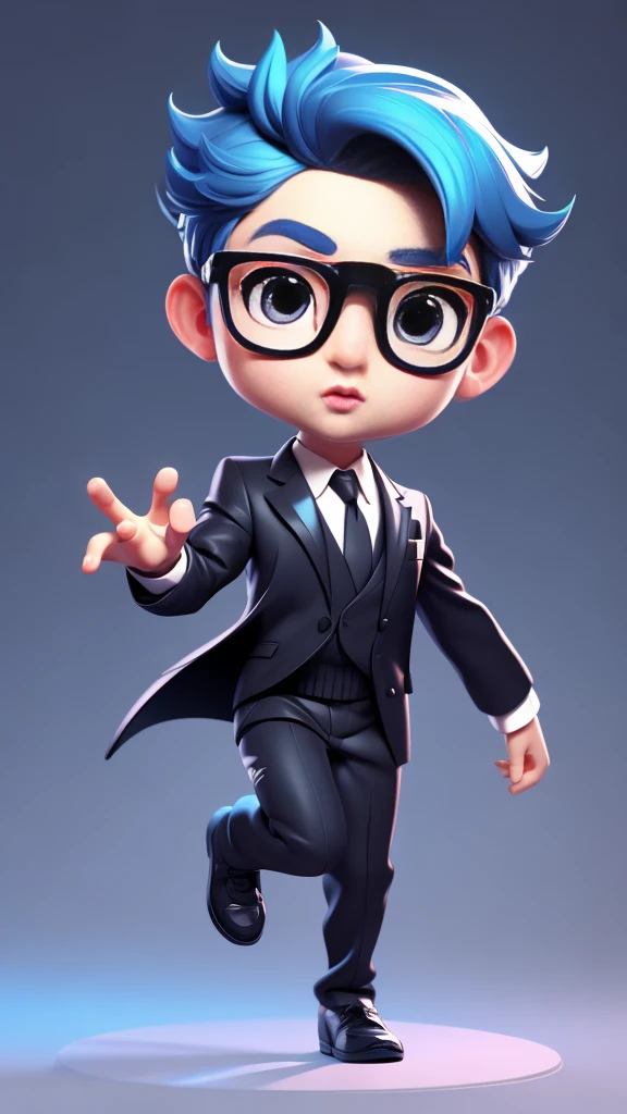 masterpiece, A cute boy running, Glasses, Black suit, Blue Hair, Chibi style, Perfect 3D Animation , Perfect lips and easy