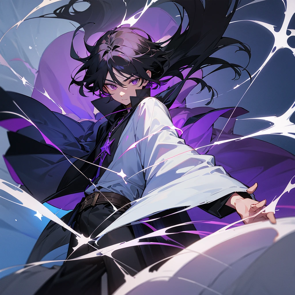 I draw a 16-year-old boy with black hair and dark violet eyes, wearing white magic clothes, and in the middle of the clothes is a six-pointed star.