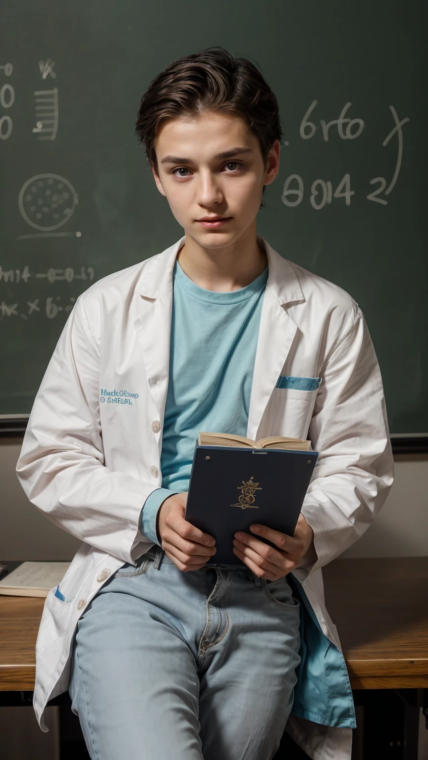 A young male twink, cute, beautiful, feminine, with a beautiful face with makeup, black hair, and his eyes have dark circles under them. He is wearing a long-sleeved aquamarine shirt and white jeans. He is in the College of Medicine, studying on the blackboard with brain anatomy written on it. He is sitting at a desk with scientific books on it.  Medical and brain anatomy manuscripts...