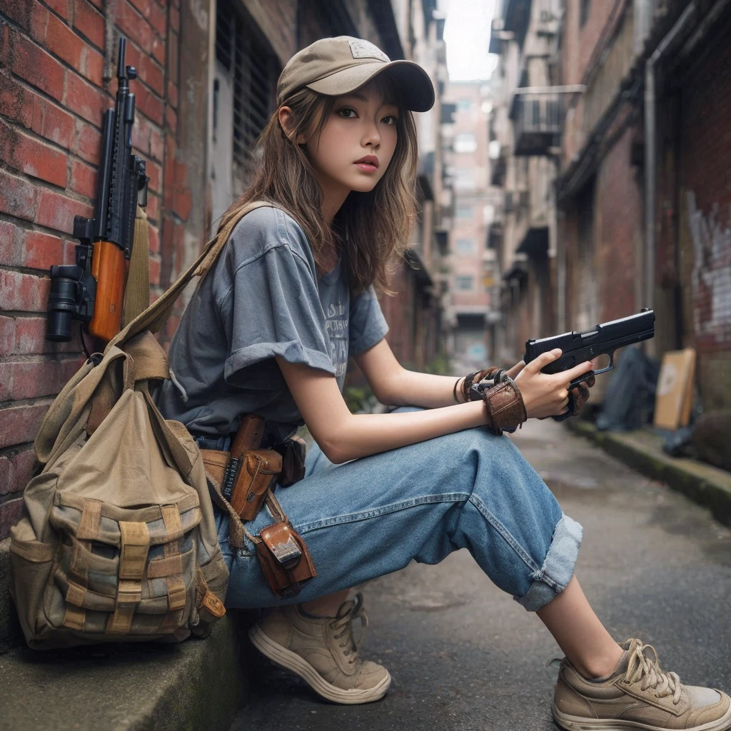8K,Realistic Photo、Realistic Skin Texture、Superrealism、Japanese woman living in America、Operation、In a mid-sized American city、Old brick building、mortar、Loose Fit T-Shirt、Shoulder bag、Denim pants、Dirty sneakers、Hunting rifles、Dirty alley、Baseball Cap