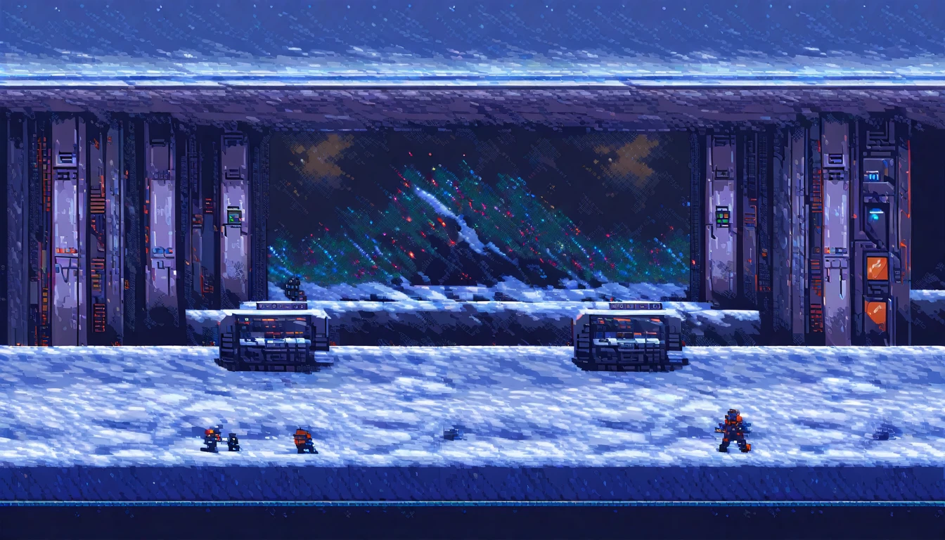 sidescroller, (work of art, best qualityer:1.2), pixel art,terrestrial space, futuristic snow scenery