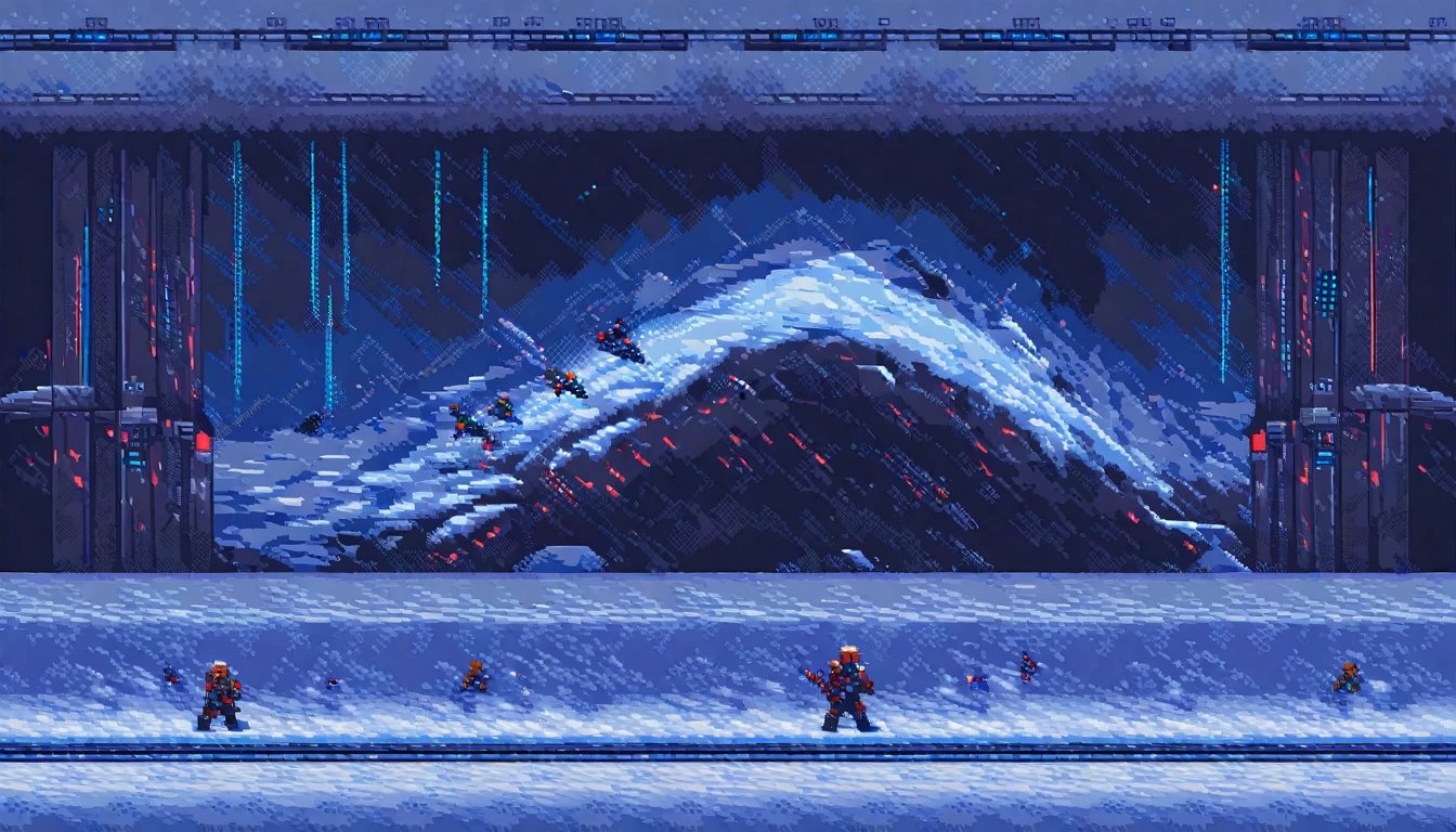 sidescroller, (work of art, best qualityer:1.2), pixel art,terrestrial space, futuristic snow scenery