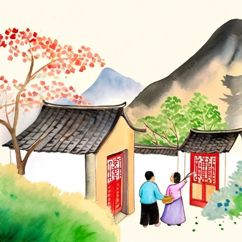 ((work of art:1.4,best qualityer)) picture book, a man and a woman outside a house with a tree in the background and a mountain in the background, watercolor texture, drawning , black stroke contour , paint texture,  chinese village scene 