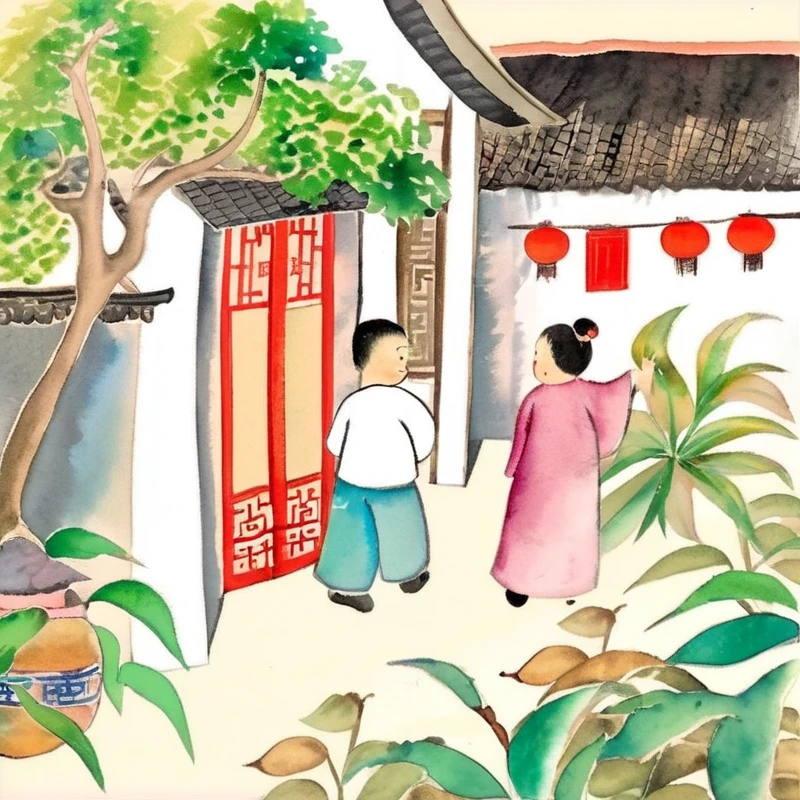 ((work of art:1.4,best qualityer)) picture book, a man and a woman outside a house with a tree in the background and a mountain in the background, watercolor texture, drawning , black stroke contour , paint texture,  chinese village scene 