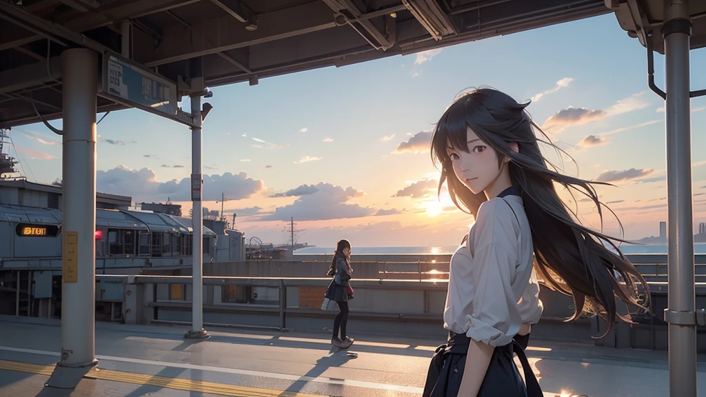 Long-haired girl walking on train platform, Kantai Collection Style, Railgun, konpeki no kantai, Kantai Collection Arcade, Kantai Collection, Makoto Shinkai style, Cute girl visual, Makoto Shinkai&#39;s art style, Beautiful school girl, Anime Style 4k, Official artwork, shinkai makoto