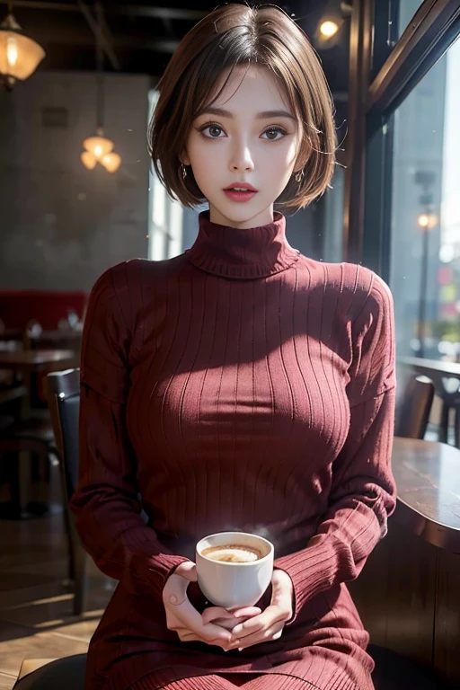 (RAW photo, high resolution, Best quality, masutepiece:1.3), (realistic detail, hyper realisitc, Photorealistic: 1.2), Shot with the Canon EOS R6, Sharp focus, f/1.8, Medium Shot Shot, upperbody shot, 1girl in, Very delicate and beautiful, Beautiful detailed girl, Very detailed eyes and face, Triangular face, Beautiful detailed eyes, (Slender figure, Thin waist), ((Red sweater dress)), During fashion, Earrings, Natural makeup, Pink shiny lips, Sweep fashion shorthair, Perfect style, (low illuminance, sitting in a café), NFFSW, Ultra-realistic, Highest quality, Super detailed