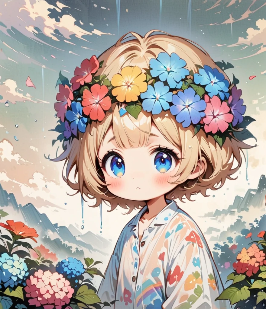 Blonde short、man、When it rains, a rainbow appears。Hydrangea(masterpiece, Highest quality:1.2), Cartoon style character design， alone，Big eyes，Cute expression，，Floral Shirt，interesting，interesting