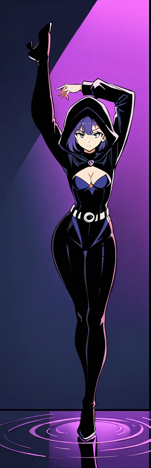(masterpiece, highest quality:1.2), 1 girl, alone,Are standing_Split, 1girl, solo, full body, volumetric lighting, Raven from DC Comics, Raven, turtleneck, Black leotard, Black cape, hood, purple hair, forehead jeEmel, purple eyes, short hair, Belt, tight skin, standing, cleavage, toned, pose, night , moonlight, ((posing)), movement lines, torso, upper body, portrait, B&Em. contour, in anime art style, elegant, glamorous, reflection, shine, shading, pantyhose 40 dinier, small