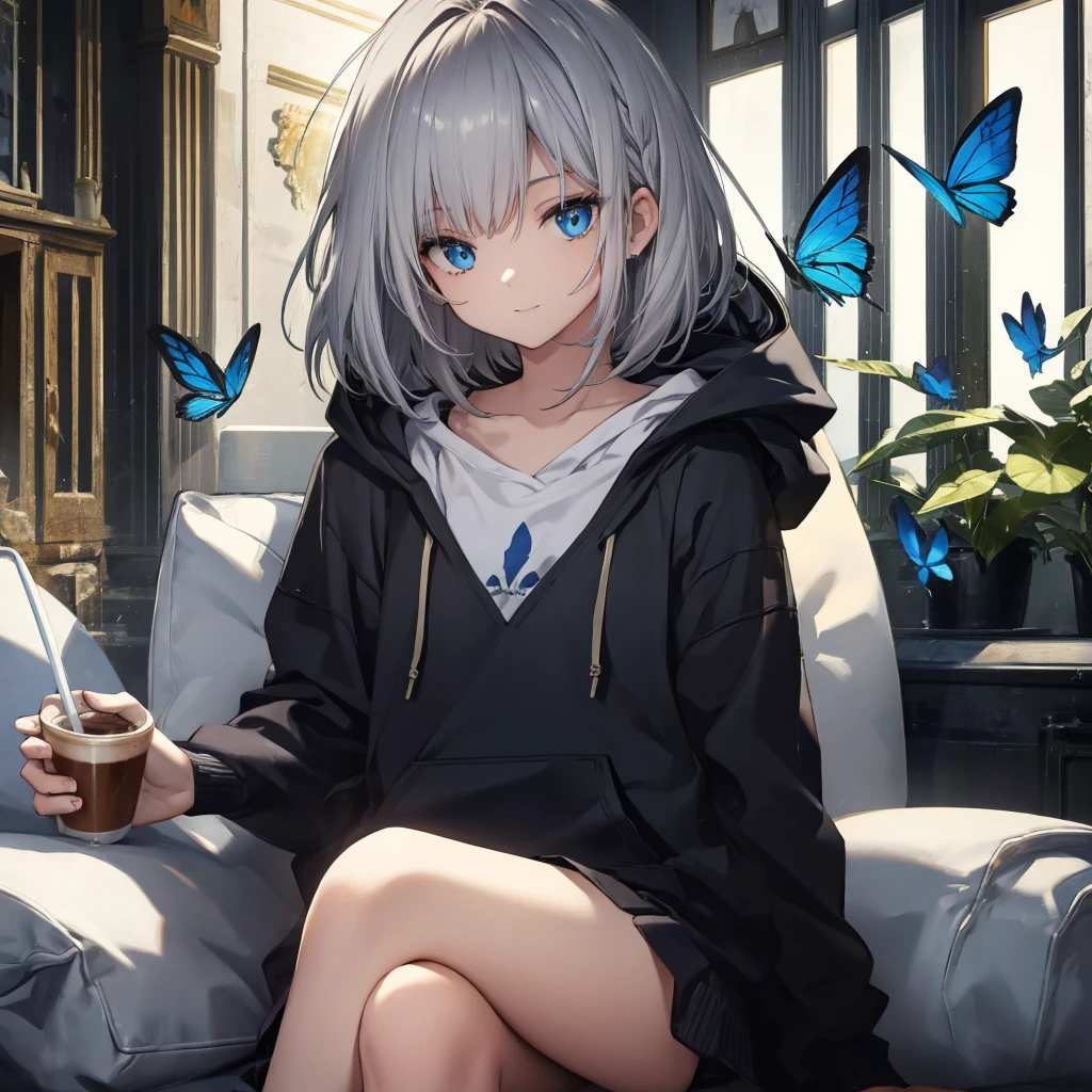 (((1 person Gray Hair Sit on the sofa Crossing your legs blue eyes))) ((High resolution short hair hoodie Black Skirt Rin々Funny face)) ((Close-up)) ((Blue butterfly Asahi Shining Aura Catch the wind Holding a cup Drink coffee)) (smile Bathed in light) Shining Background Shining Edge