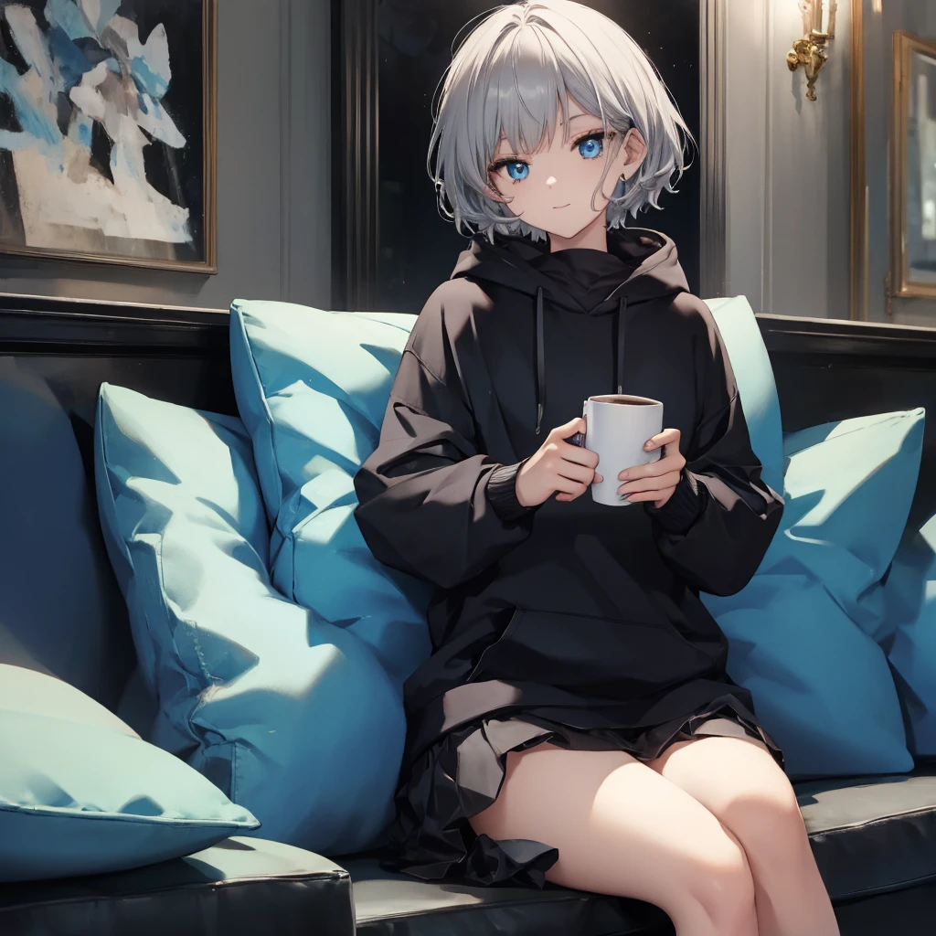 (((1 person Gray Hair Sit on the sofa Crossing your legs blue eyes))) ((High resolution short hair hoodie Black Skirt Rin々Funny face)) ((Close-up)) ((Blue butterfly Asahi Shining Aura Catch the wind Holding a cup Drink coffee)) (smile Bathed in light) Shining Background Shining Edge
