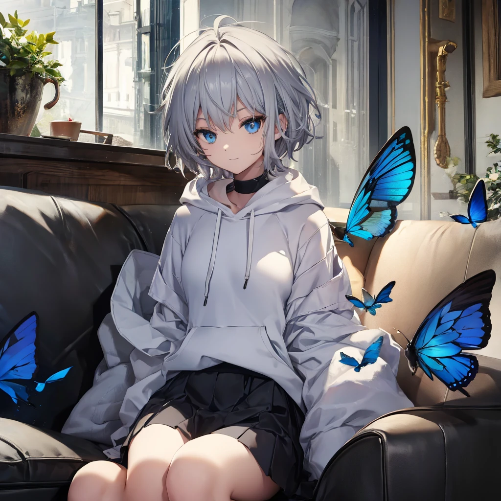 (((1 person Gray Hair Sit on the sofa Crossing your legs blue eyes))) ((High resolution short hair hoodie Black Skirt Rin々Funny face)) ((Close-up)) ((Blue butterfly Asahi Shining Aura Catch the wind Holding a cup Drink coffee)) (smile Bathed in light) Shining Background Shining Edge
