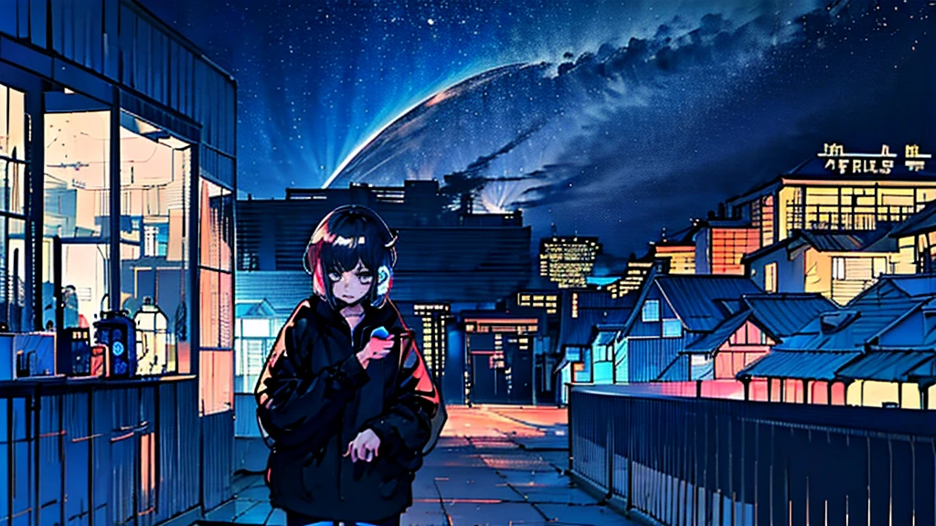 Black short Hair, Black Clothing, One Adult Woman Looking Sideways ,Blue headphones、 City of night, Delicate background、Masterpiece、Night Town、night、dark、Nostalgic、Country Road、Fantastic starry sky