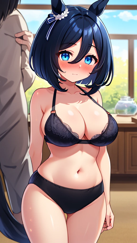masterpiece, best quality, extremely detailed, (((eishin flash,))) (((umamusume,))) 1 girl, young, cute face, (((blush,))) (((black hair,))) medium hair, blue eyes, (huge breasts,) beautiful detailed blue eyes, white skin, (((gleaming skin,))) (((oil,))) (((gleaming skin,))) (((glistening skin,))) ((embarrassed,)) (((black bra,))) (((black underwear,))) (((horse ear,))) closed mouth, hairs between eyes, ((parted bangs,)) ((bob cut,)) full body, (((ass focus,)))