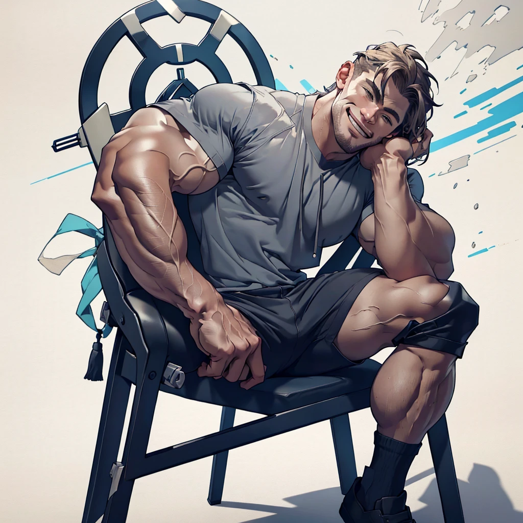 8k , masterpiece,  solo man , 1 man only , detailed face , detailed fingers,  detailed muscles,  detailed background,  chris hemsworth as thor relaxing on a chair with spreadlegs ,showing muscles and bulge  smiling , satisfied from his victory,  wearing his hero outfit , near him his hammer , drinking a glass of beer 