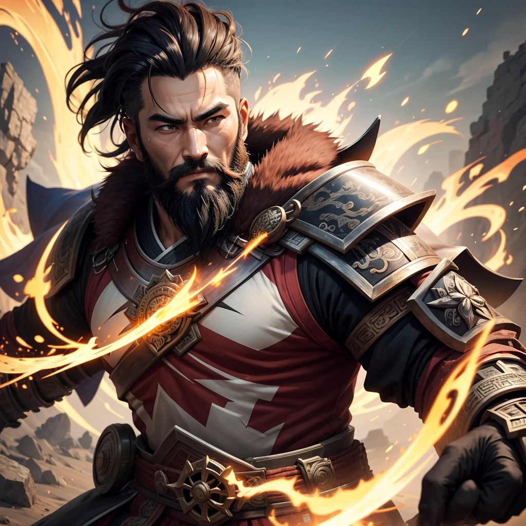 abstract, ink art, flying effect, A portrait of an ancient Chinese warrior, Zhang Fei, with a lush, hedgehog-like beard. He wears a red headscarf and armor that accentuates his shoulder muscles.
