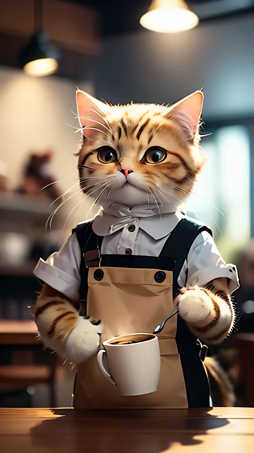 Anthropomorphic cat, human/cat hybrid, brown cat, masterpiece, high quality, cafe waiter, serving coffee to customers, Kodak 400, film grain, creative photo editing digital painting, cat's expression and movement as exaggerated as human