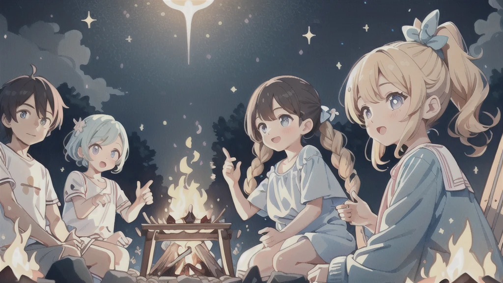 最高masterpiece、Official Art、Dynamic composition、masterpiece,Detailed face、Detailed eyes、Close-up、 (Two girls and two boys and two girls and two boys around a campfire), Idol, Big eyes, cutetech, cute, cute, pastel colour, Highest quality, Happy, Deep Background, Symmetric, Tilt your head, summer