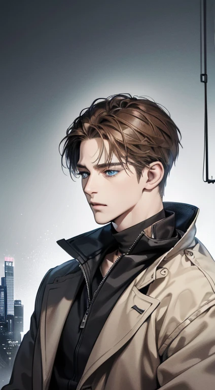 (best quality digital art digital illustration 4k high resolution beautiful image hyperdetailed image perfect lines dark lighting Wallpaper) (1:1 photorealistic) (neutral colors hdr 1.4) (anime style) an adult 35 year old man (expressionless perfect detailed face) medium brown hair modern clothes dystopia, blue eyes.