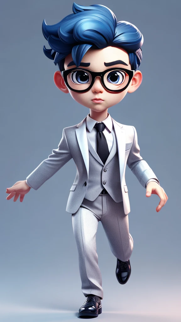 masterpiece, A cute boy running, Glasses, Black suit, Blue Hair, Chibi style, Perfect 3D Animation , Perfect lips and easy