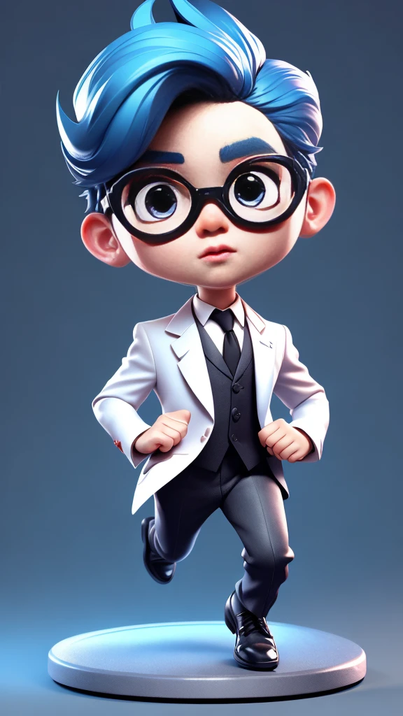 masterpiece, A cute boy running, Glasses, Black suit, Blue Hair, Chibi style, Perfect 3D Animation , Perfect lips and easy