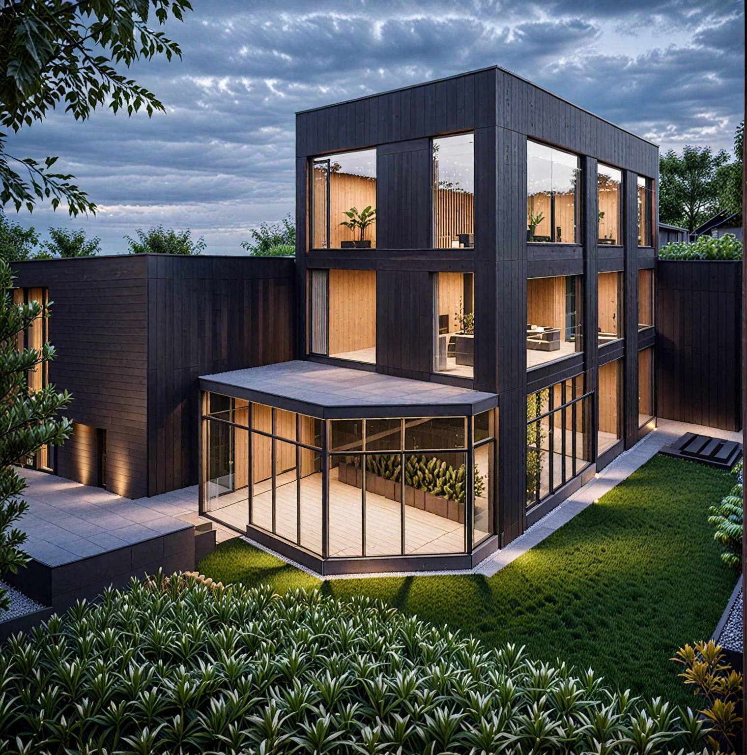 RAW photo of a modern house, garden, plants and trees,black color, wood material, mix material, Architecture Photography, cinematic photo, 35mm photograph, 8k, highly detailed, super realistic, jzcg