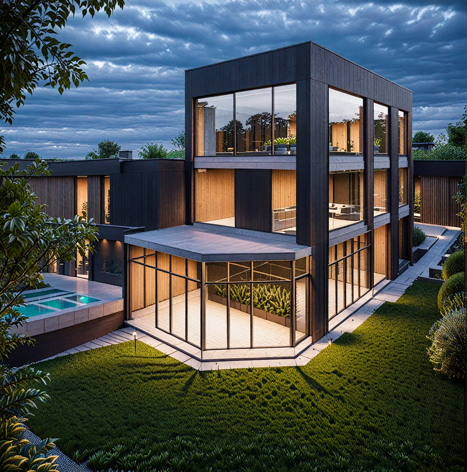 RAW photo of a modern house, garden, plants and trees,black color, wood material, mix material, Architecture Photography, cinematic photo, 35mm photograph, 8k, highly detailed, super realistic, jzcg