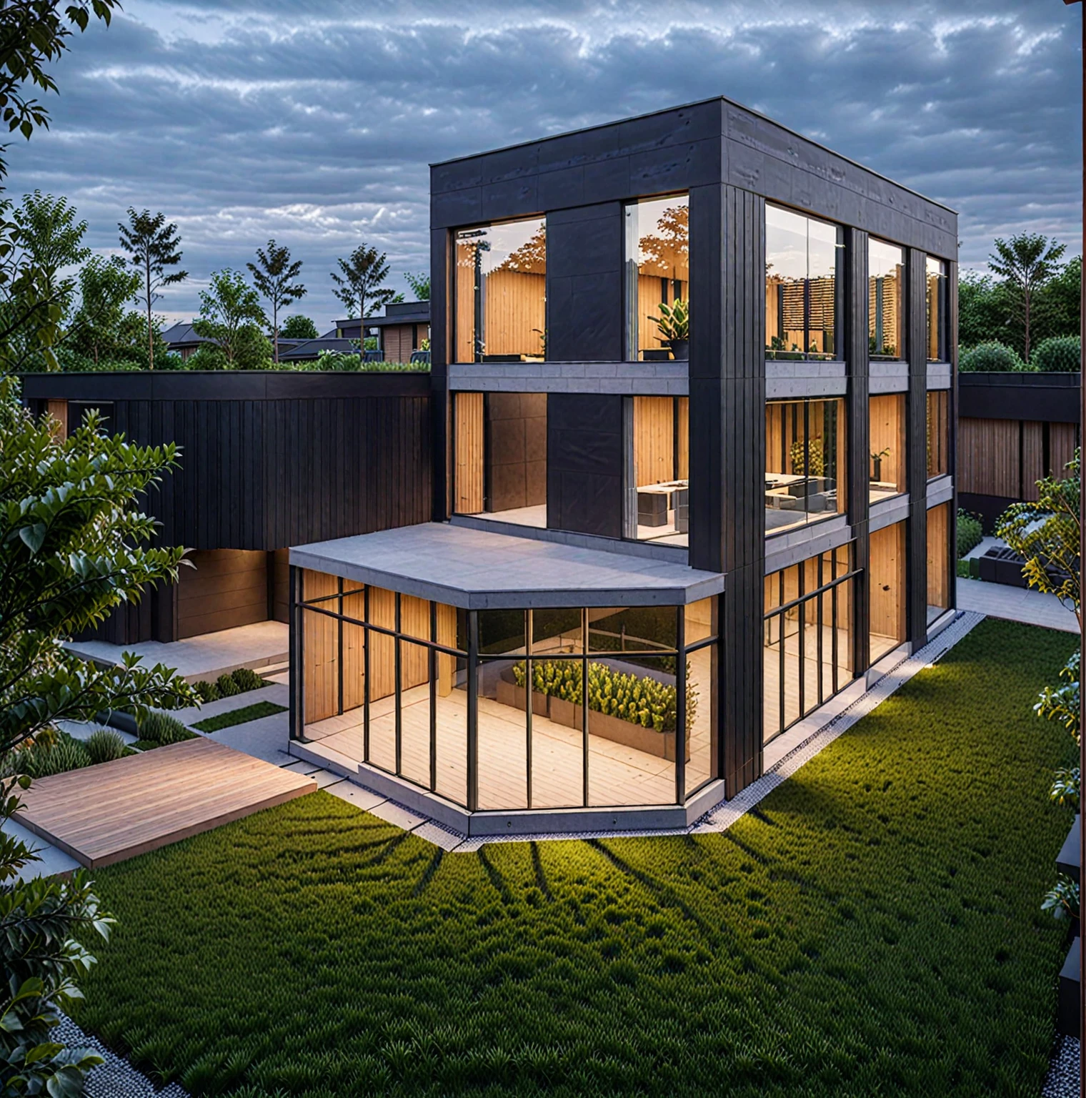 RAW photo of a modern house, garden, plants and trees,black color, wood material, mix material, Architecture Photography, cinematic photo, 35mm photograph, 8k, highly detailed, super realistic, jzcg