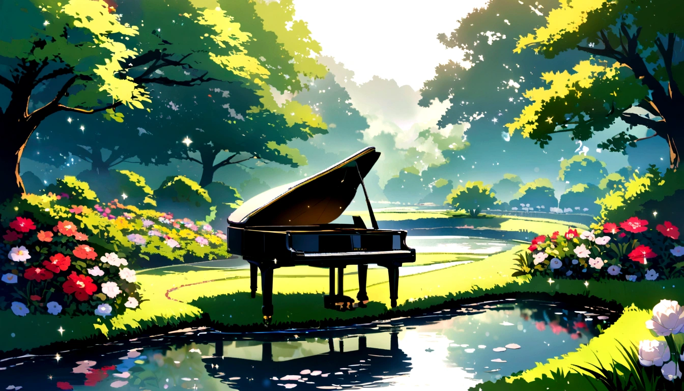 A grand piano is placed in the middle of a Japanese garden with grassy paths.,quiet、The small stream sparkles