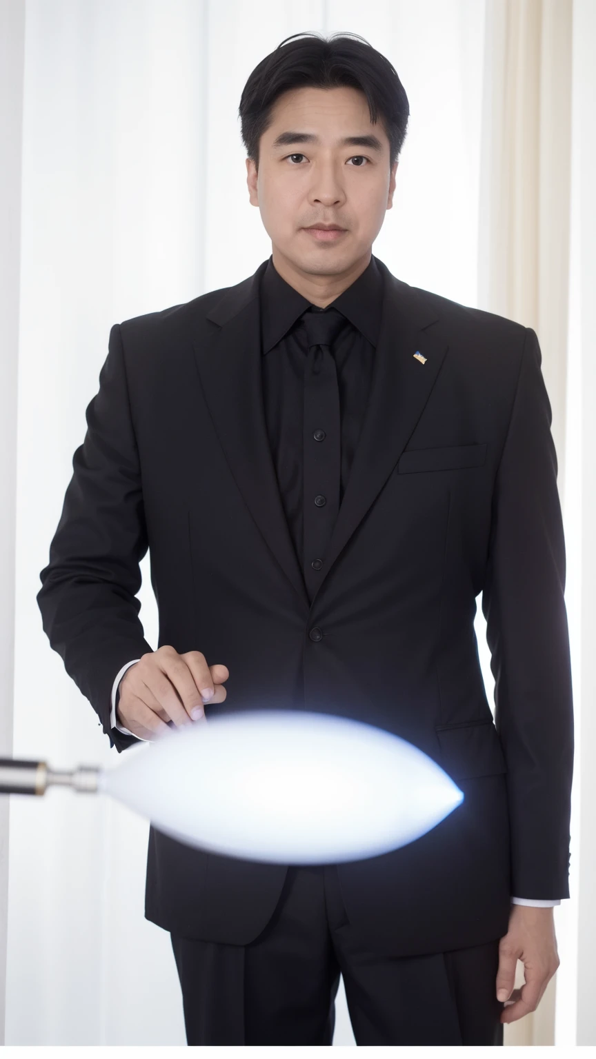 40-year-old male, Soft headlight,High-density imaging,(Thin face),((Black suit)),((Various dynamic poses)),((((Half-length photo)))),((Background is white curtain)),best quality,masterpiece,(Soft colors:1.2)