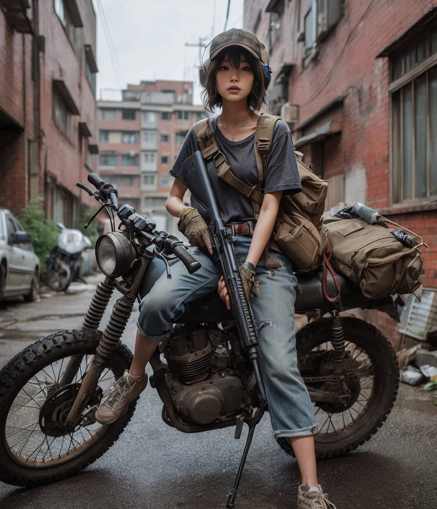 8K,Realistic Photo、Realistic Skin Texture、Superrealism、Japanese woman living in America、Operation、In a mid-sized American city、Old brick building、mortar、Loose Fit T-Shirt、Shoulder bag、Denim pants、Dirty sneakers、Hunting rifles、Dirty alley、Baseball Cap