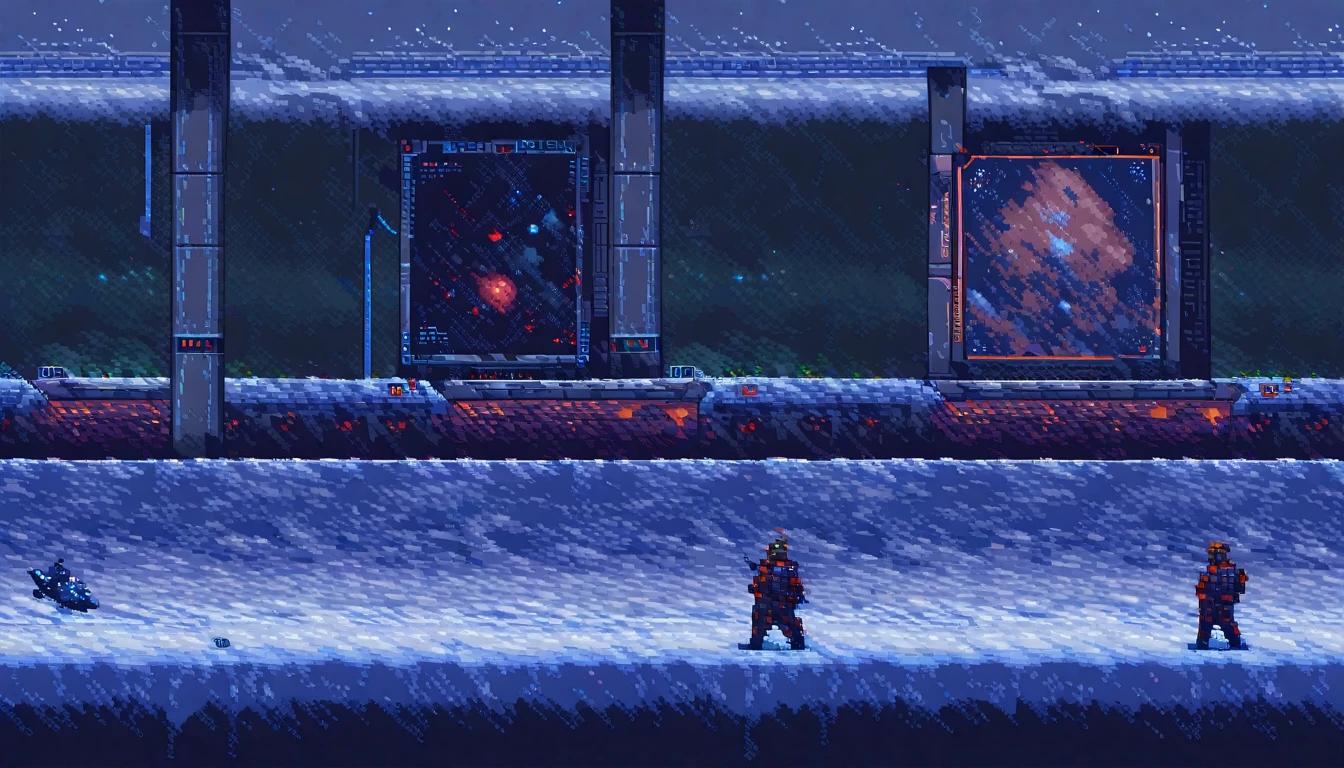 sidescroller, (work of art, best qualityer:1.2), pixel art,terrestrial space, futuristic snow scenery