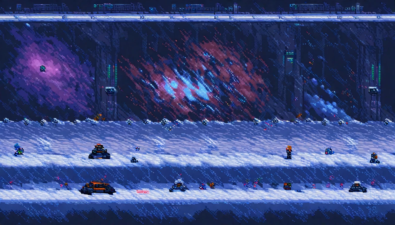 sidescroller, (work of art, best qualityer:1.2), pixel art,terrestrial space, futuristic snow scenery