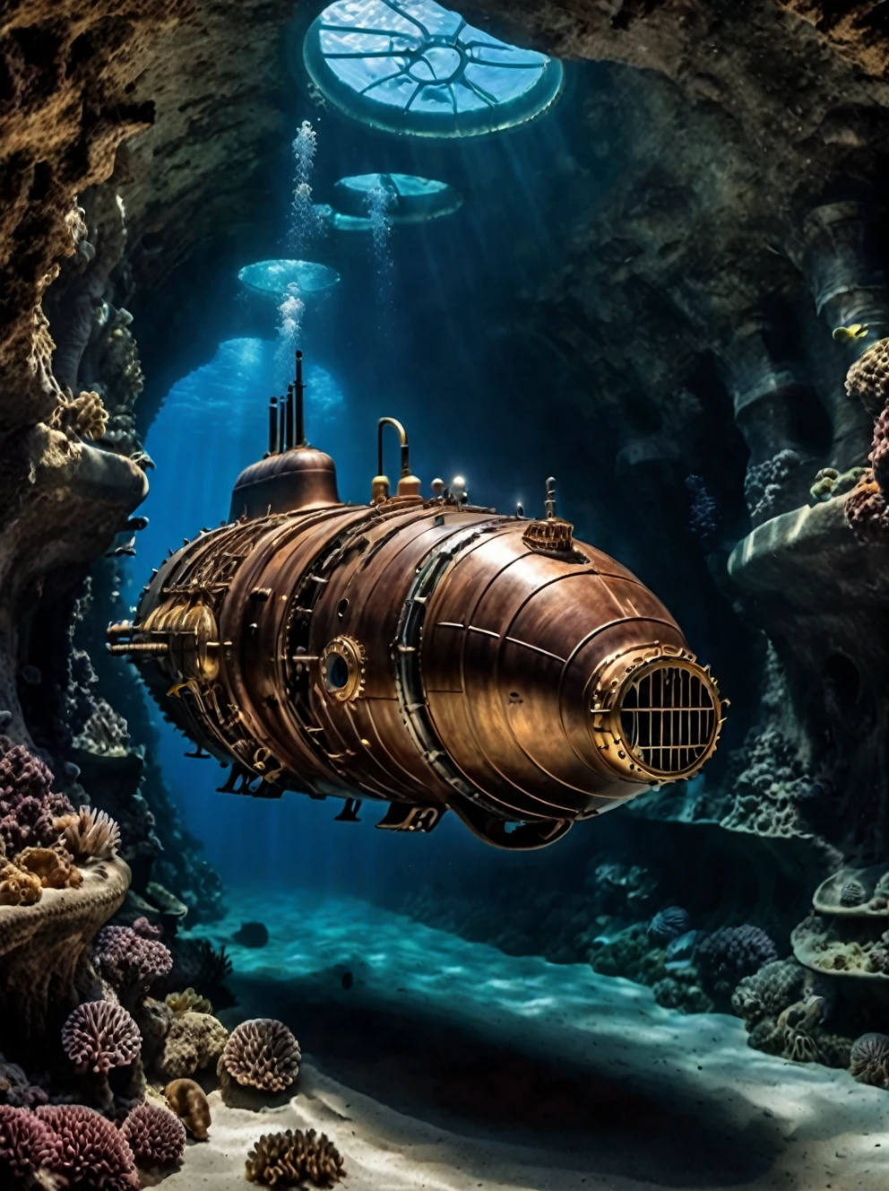 photo of nautilus submarine, BugattiAI submarine, underwater, ocean, deep, exploring a canyon, realistic scenery, steampunk nautilus-style. very wide shot, film, professional,
