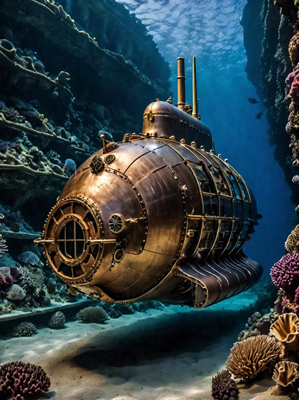 photo of nautilus submarine, BugattiAI submarine, underwater, ocean, deep, exploring a canyon, realistic scenery, steampunk nautilus-style. very wide shot, film, professional,