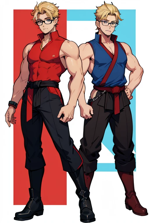 male, blue eyes, blonde hair, (((1boy))), (((red sleeveless tunic))), (white shirt), (black pants), (black boots), (black belt), (glasses), long legs, trimmed goatee