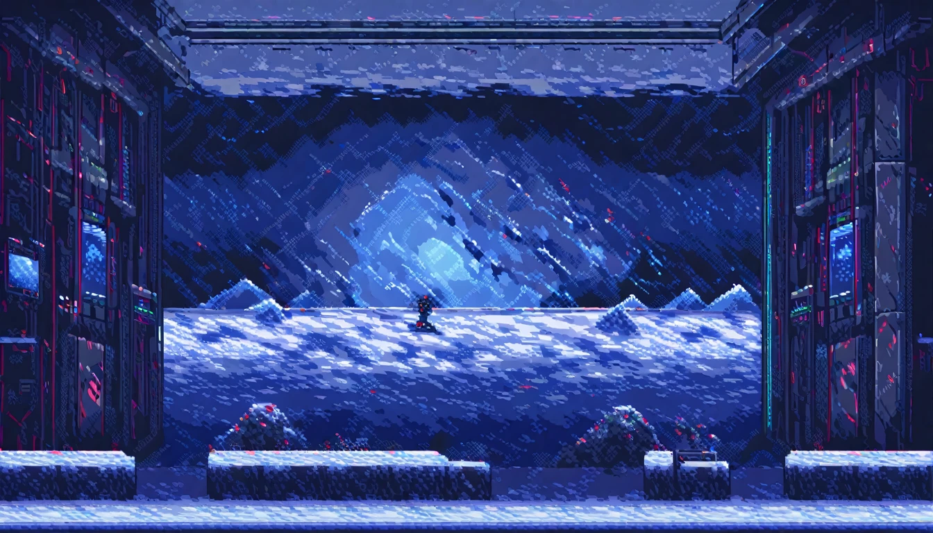 sidescroller, (work of art, best qualityer:1.2), pixel art,terrestrial space, futuristic snow scenery