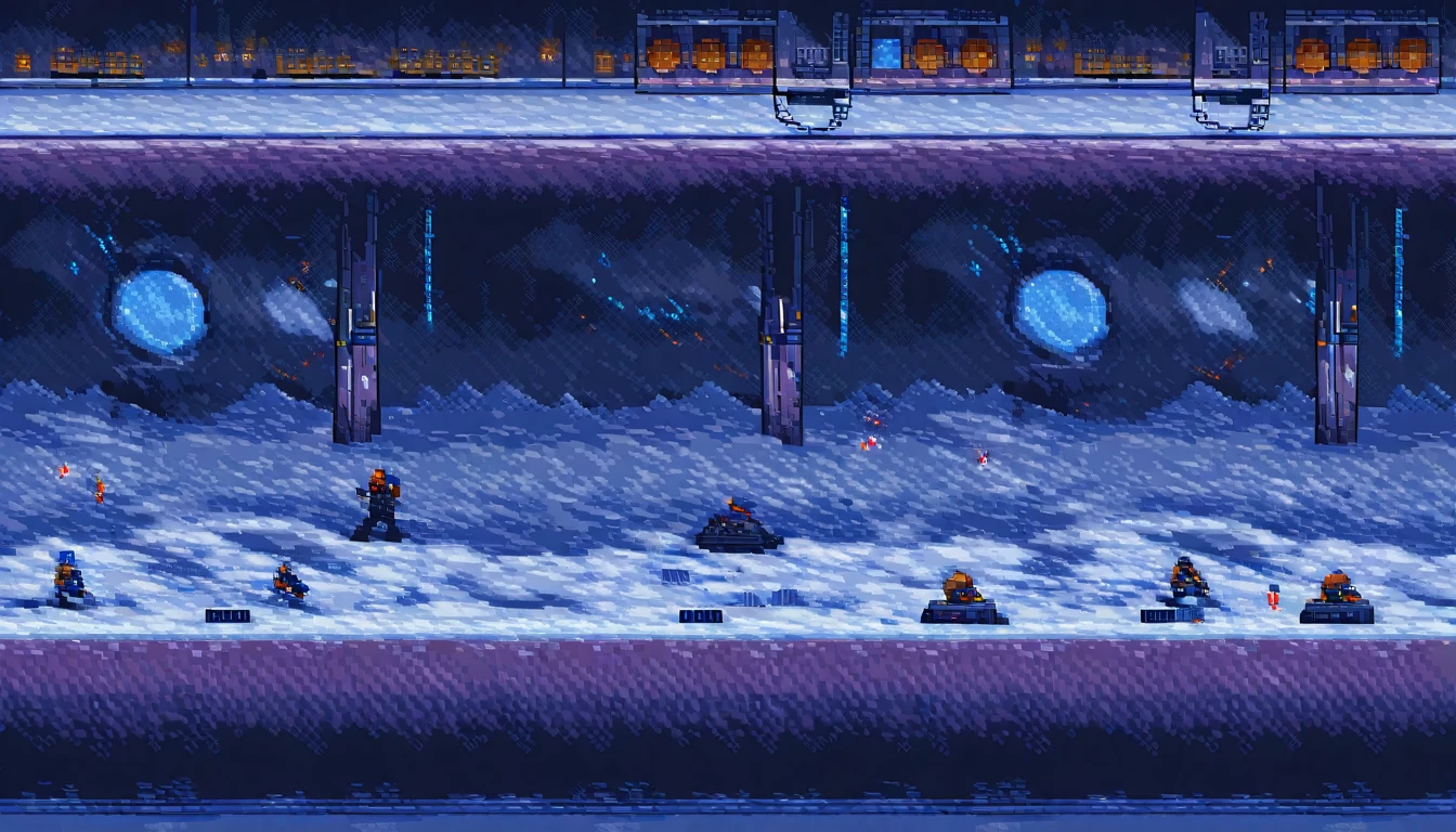 sidescroller, (work of art, best qualityer:1.2), pixel art,terrestrial space, futuristic snow scenery
