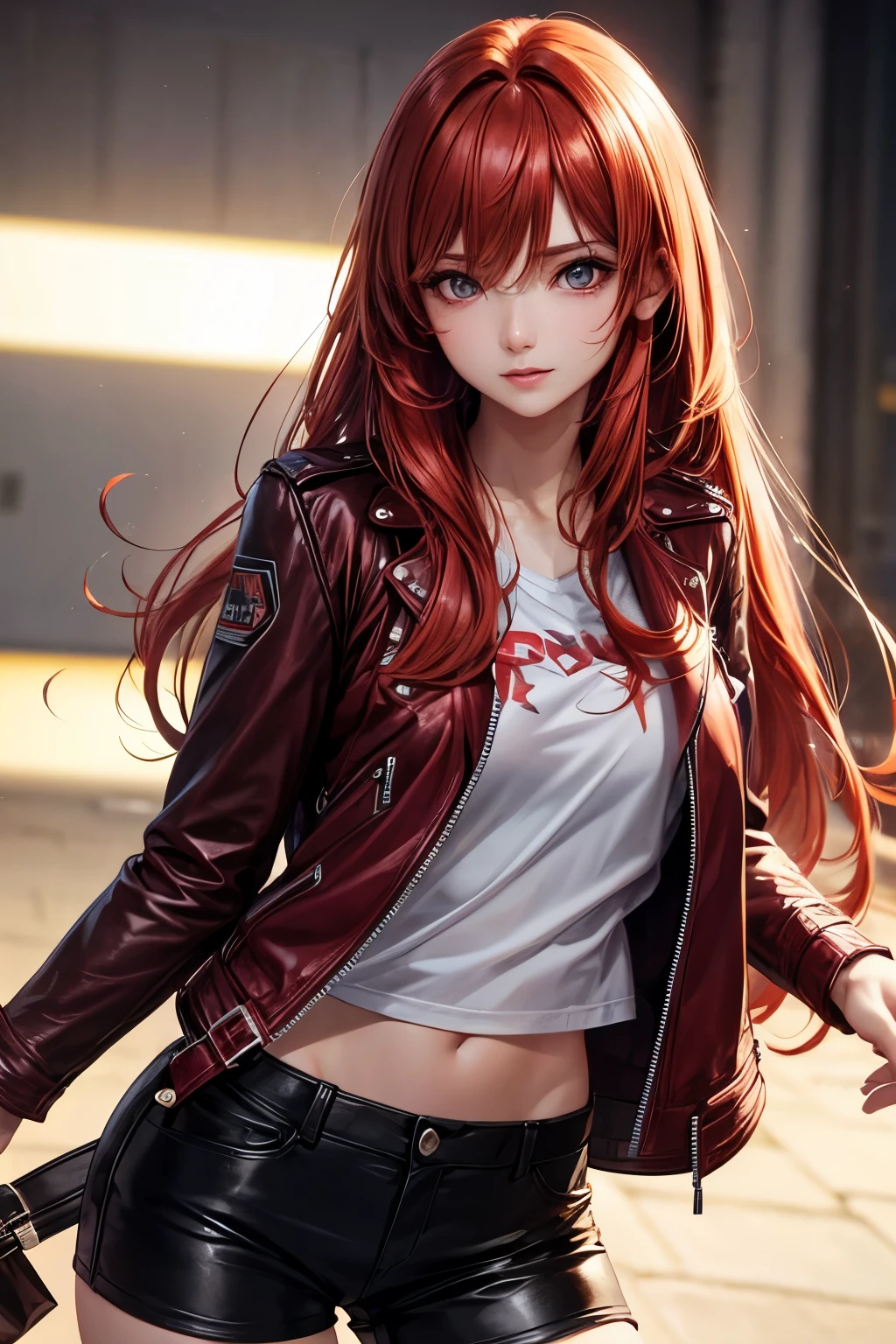Pretty face, Best quality, Ultra-high resolution light, Glowing skin, Delicate skin, Detailed face, Delicate eyes, pretty, Red Hair, Straight Hair, Flowing hair, Brown eyes,Girl,Leather jacket,t-shirt,shorts