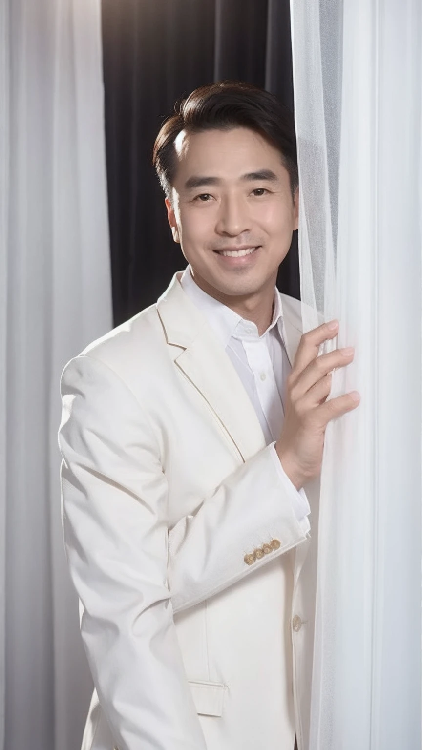 40-year-old male， Soft headlights，High-density imaging，（Clean and delicate face），((Black suit))，((Various dynamic poses))，((Smile))，((White curtains in the background))，best quality，masterpiece，（Soft colors：1.2）