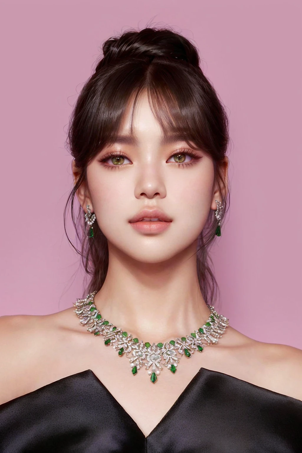 a woman wearing a black dress and a necklace with green stones, lalisa manobal, lalisa manoban of blackpink, beautiful south korean woman, popular south korean makeup, jossi of blackpink, popular korean makeup, portrait of jossi of blackpink, song hye - kyo, gorgeous young korean woman, beautiful young korean woman, blackpink jennie, sun yunjoo