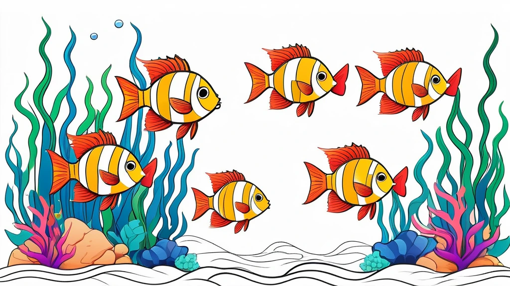 a group of striped body fish in aquascape scenery, coloring page for kids, happy, smiling, vector art, minimalistic, vector 2d, black lines white background, coloring page for beginners, vector illustration, pencil strokes, no color, drawing for coloring, white background, pixar style, black and white