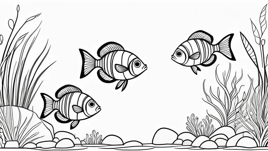 a group of striped body fish in aquascape scenery, coloring page for s, happy, smiling, vector art, minimalistic, vector 2d, black lines white background, coloring page for beginners, vector illustration, pencil strokes, no color, drawing for coloring, white background, pixar style, black and white
