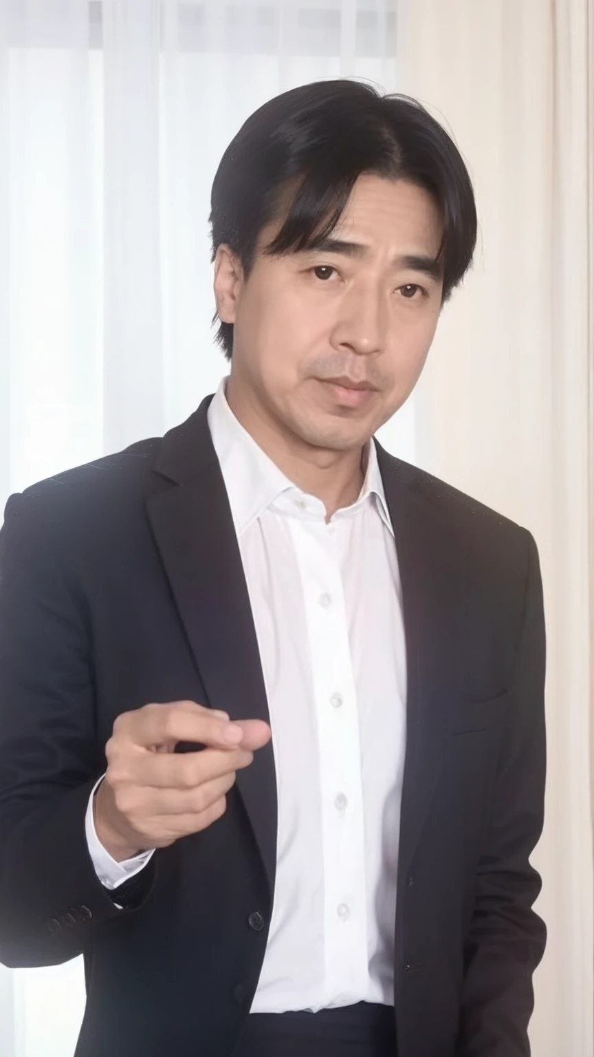 40-year-old male， Soft headlights，High-density imaging，（Clean and delicate face），((Black suit))，((Various dynamic poses))，((White curtains in the background))，best quality，masterpiece，（Soft colors：1.2）