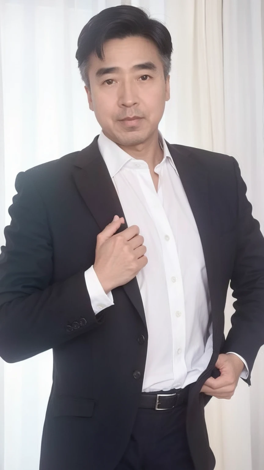 40-year-old male， Soft headlights，High-density imaging，（Clean and delicate face），((Black suit))，((Various dynamic poses))，((White curtains in the background))，best quality，masterpiece，（Soft colors：1.2）