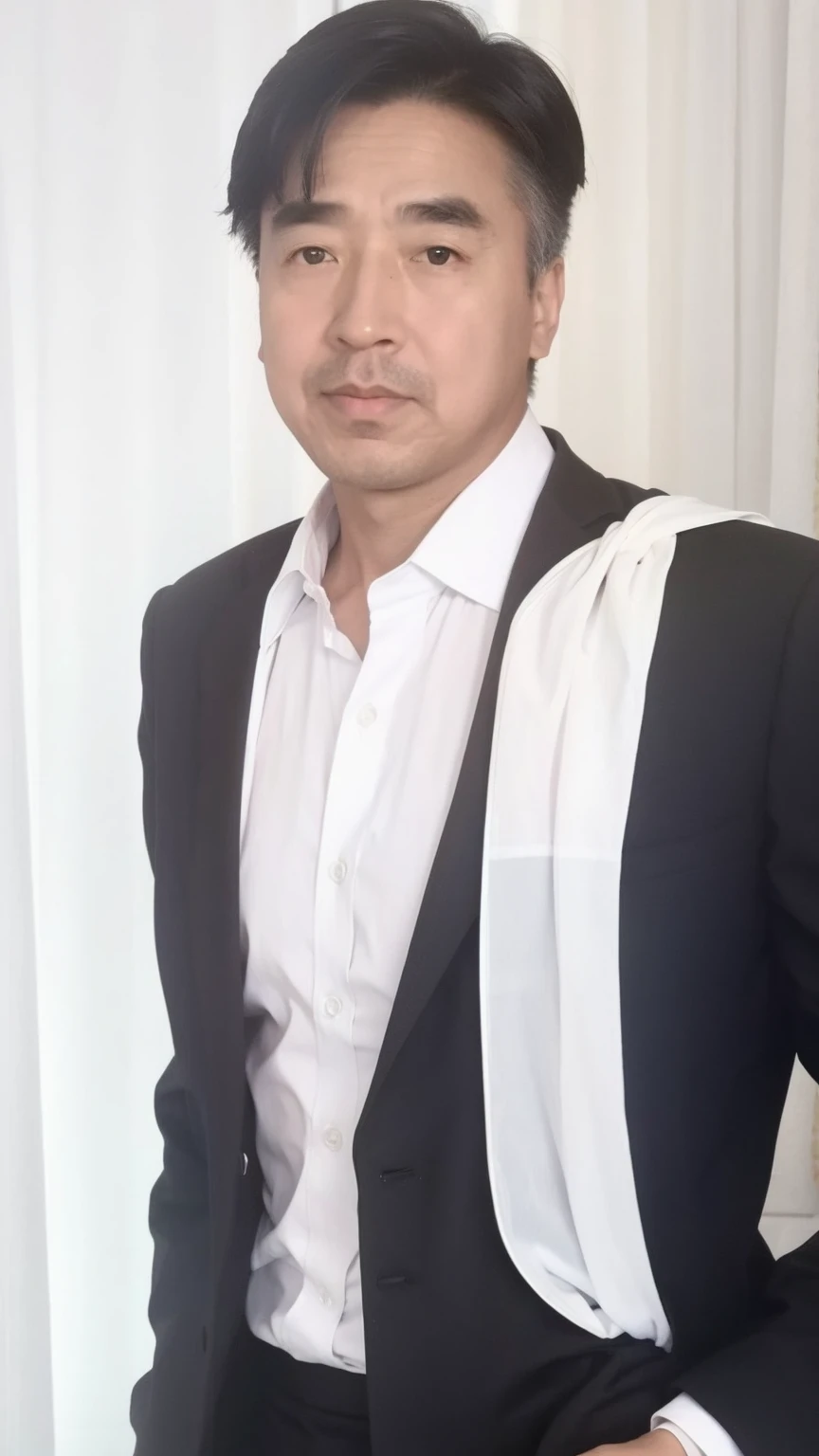 40-year-old male, Soft headlights,High-density imaging,(Clean and delicate face),((Black suit)),((Various dynamic poses)),((White curtains in the background)),best quality,masterpiece,(Soft colors:1.2)