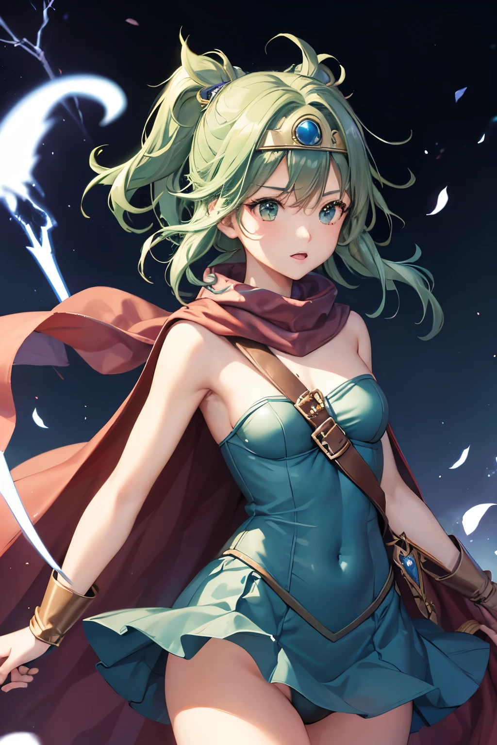 （（（Highest quality、first-clasasterpiece、Normal body、、Detailed face、Ultra-precision、Normal hand、Normal finger、５Finger、Highest）））、beautiful girl、Green Hair、Small breasts、Shortcuts、Blue leotard、Shoulder Off、Black paleo skirt、Red cloak、Circlet、sword of the sky、DRAGON QUEST、Female Hero、 combat、Combat Ready、Lightning Slash、incantation、Gigadein