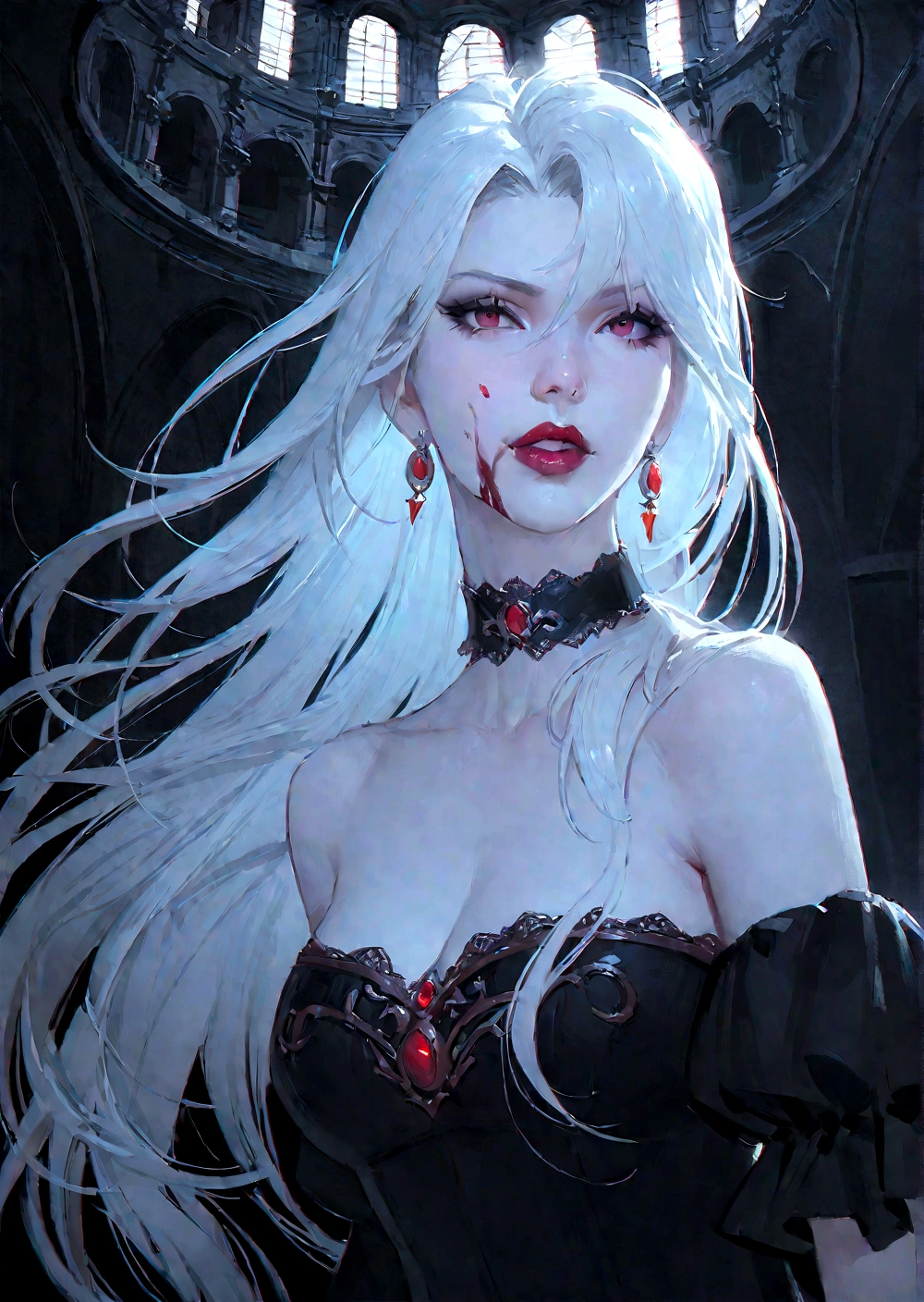 Anime style female figure,Gray hair,Blood on the face, vampire portrait, Beautiful vampire queen, Beautiful vampire queen, guweiz on pixiv artstation, guweiz on artstation pixiv, carmilla vampire, Female vampire的肖像, Female vampire, Vampire Girl, Beautiful wizard, Popular on artstation pixiv